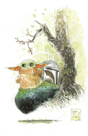Star Wars: Grogu & the mandalorian helmet - disegno originale di Igor Chimisso